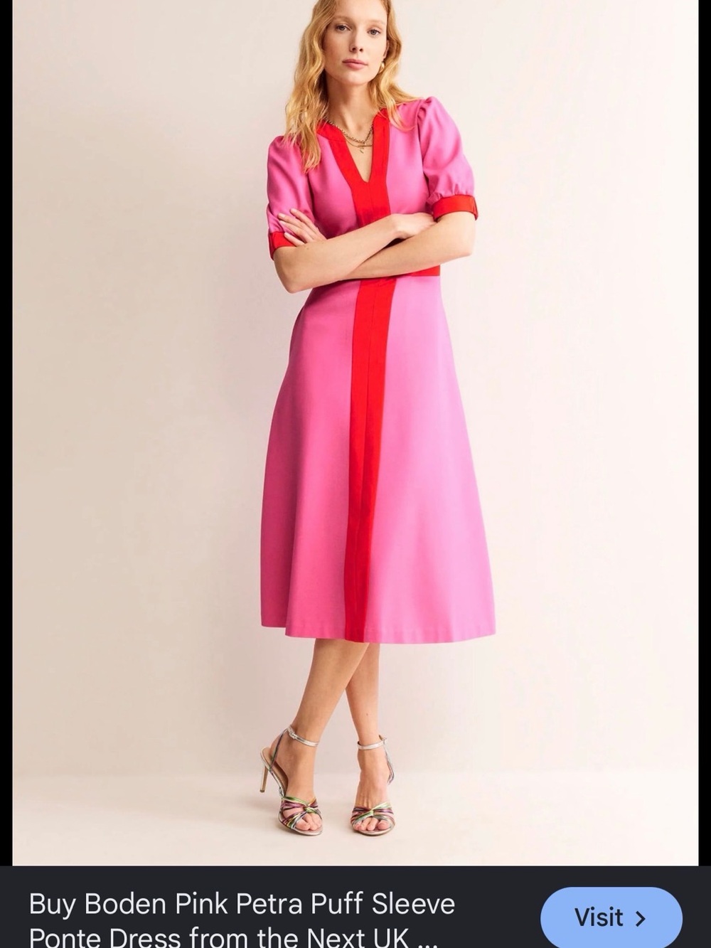Boden Pink Petra Puff Sleeve Dress with Red Trim 12r